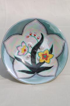 art deco vintage Japan porcelain pedestal plate w/ Clarice Cliff style hand painted design