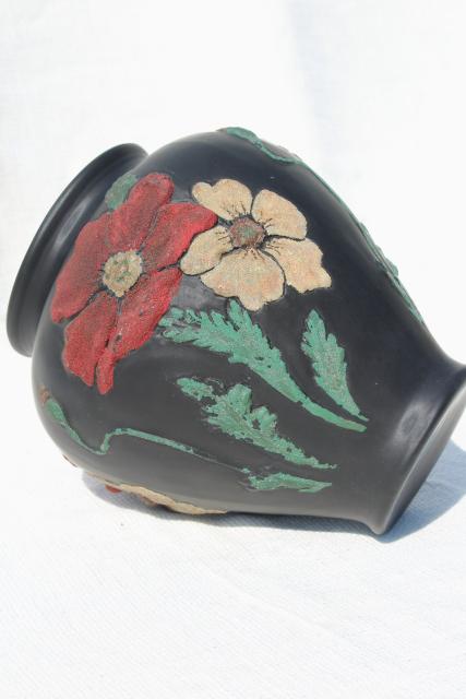 art deco vintage Tiffin glass vase, black satin puffy glass w/ coralene poppies floral