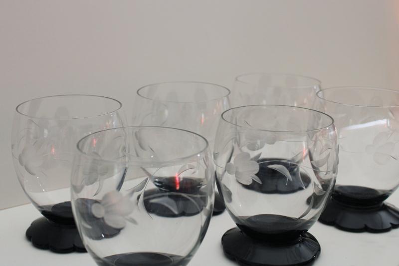 art deco vintage Weston lily pad footed glasses, ebony black glass w/ wheel cut crystal 