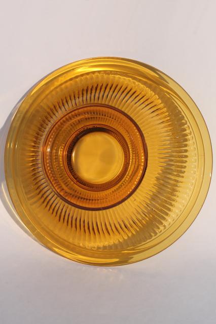 art deco vintage amber glass centerpiece bowl, heavy ribbed glass center footed shape