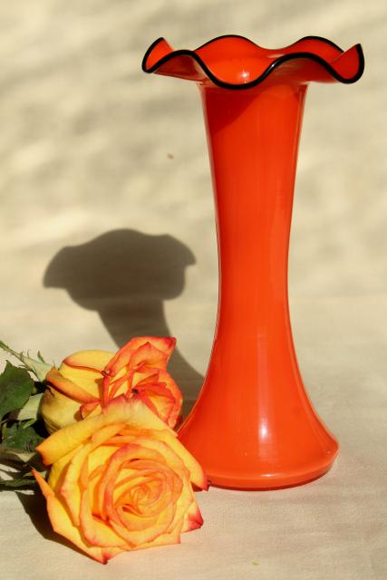 art deco vintage cased glass art glass vase, tangerine orange & black