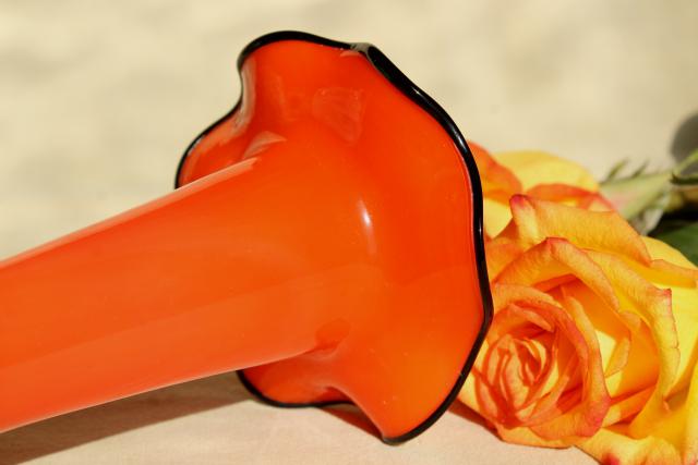 art deco vintage cased glass art glass vase, tangerine orange & black