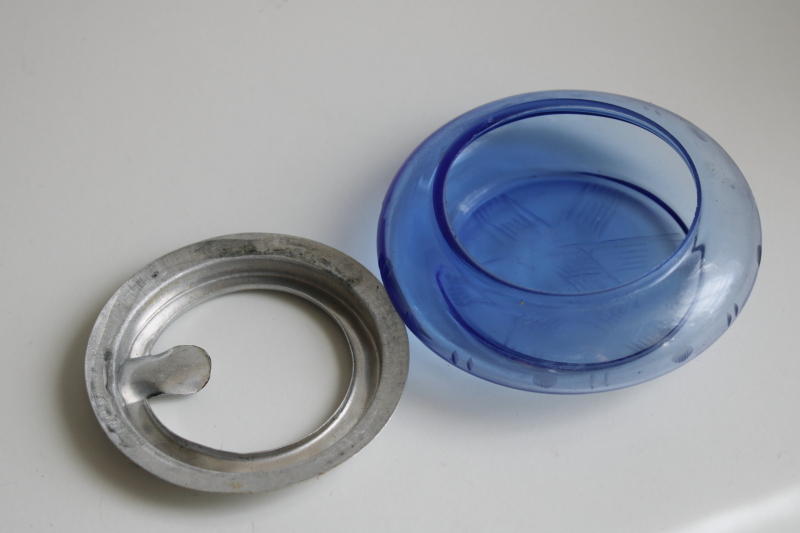 art deco vintage cobalt blue depression glass ashtray, etched glass w/ aluminum trim