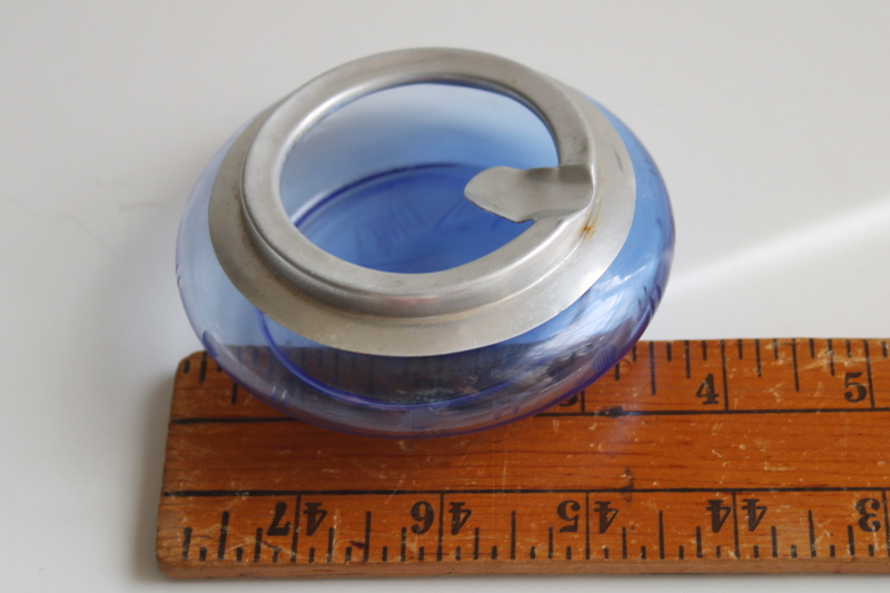 art deco vintage cobalt blue depression glass ashtray, etched glass w/ aluminum trim