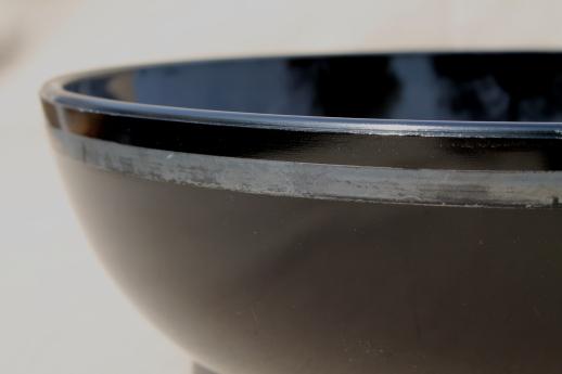art deco vintage ebony black glass bowl, jet black flower bowl with tarnished silver