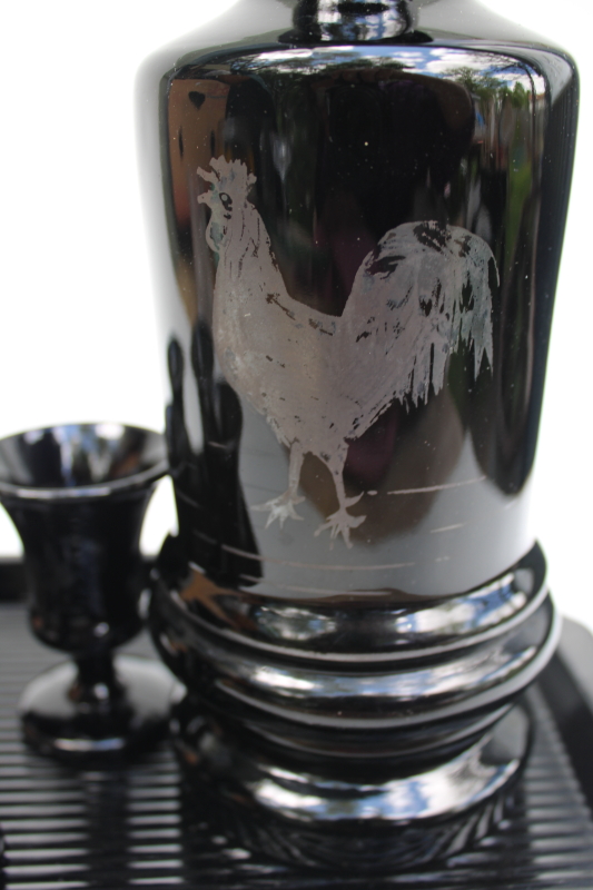 art deco vintage ebony black glass decanter bottle, tiny goblet sherry glasses w/ tray