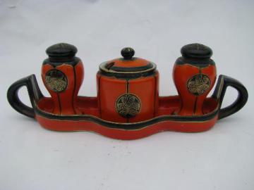 art deco vintage hand painted Japan orange / black condiment set w/ salt & pepper, mustard jar