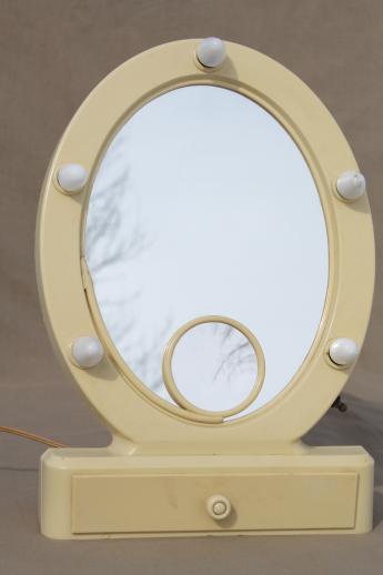 art deco vintage lighted vanity mirror, french ivory celluloid stand w/ mirror & lights