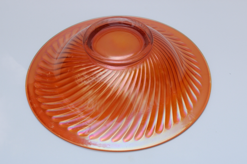 art deco vintage marigold orange luster glass console bowl, fluted swirl rays Imperial glass