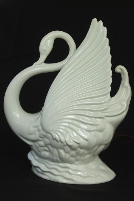 art deco white ceramic swan planter mood light, 1950s vintage pottery TV lamp