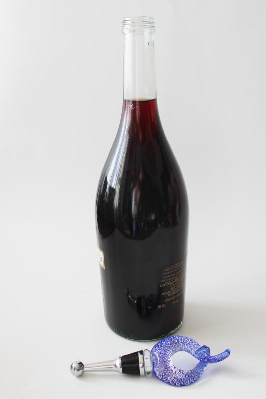 art glass wine bottle stopper, cobalt blue w/ silver flake or aventurine spangles
