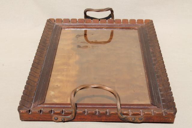 arts & crafts period vintage carved wood tray w/ hammered wrought copper handles