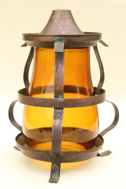 arts & crafts vintage copper cage light shade, amber glass chimney pendant lamp globe