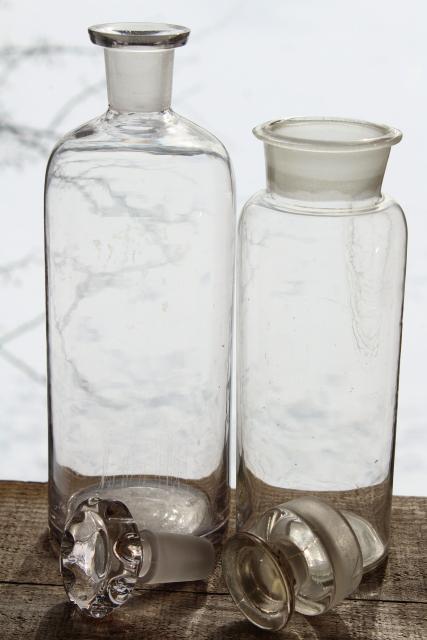 authentic old antique apothecary bottles, tall display pharmacy jars w/ glass stoppers