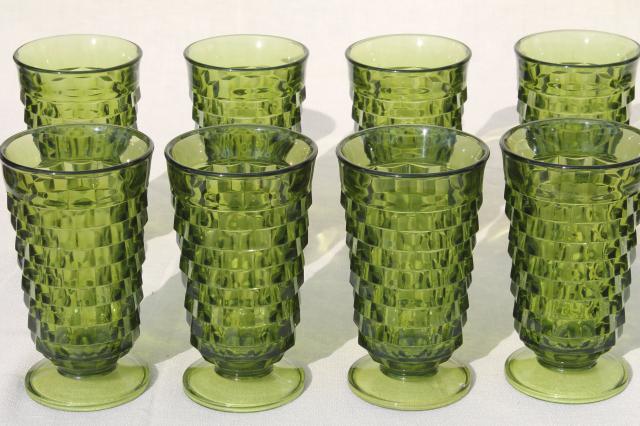 avocado green glass footed tumblers, tall cube pattern glasses Whitehall Indiana Colony