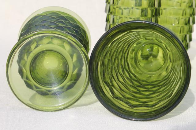 avocado green glass footed tumblers, tall cube pattern glasses Whitehall Indiana Colony