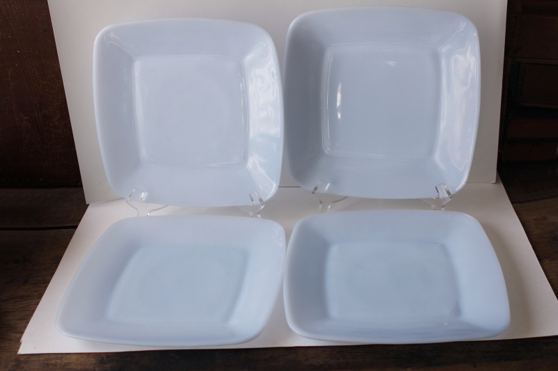 azurite blue milk glass, vintage Anchor Hocking Fire King delphite Charm square dinner plates