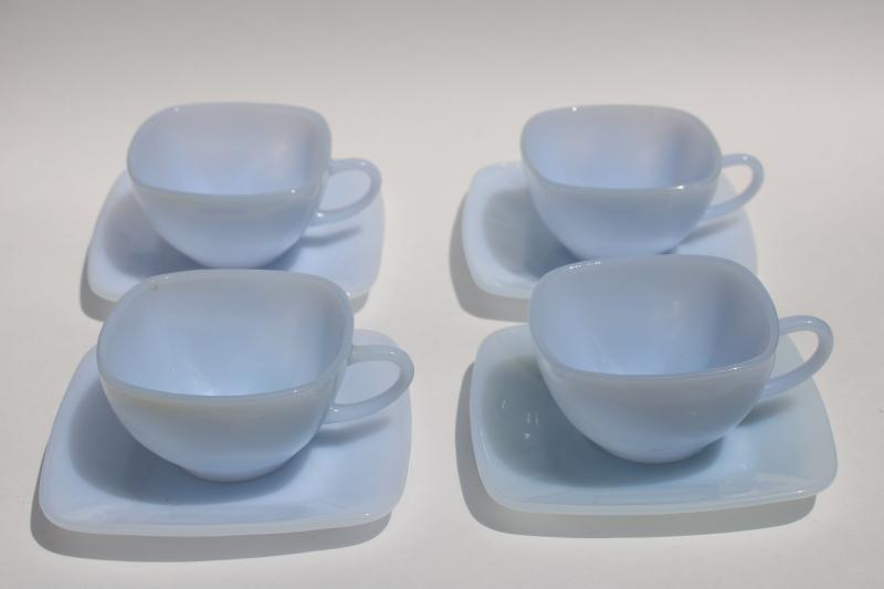 azurite blue vintage Charm Fire King Anchor Hocking set of four square cups & saucers 