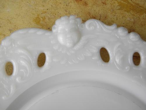 baby face pattern antique vintage milk glass plate, lace edge w/ cupid