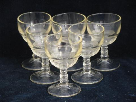 banded ring pattern depression vintage pressed glass goblets, sherry or wine glasses