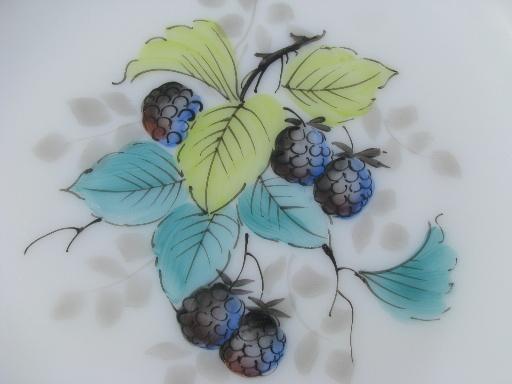 bead edge Westmoreland milk glass plate, hand-painted blue raspberries