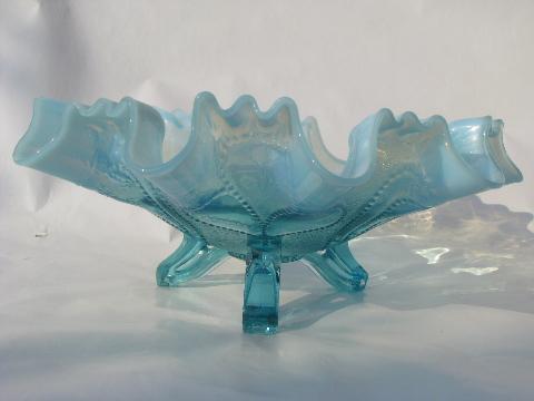 beaded heart crimped blue opalescent glass antique vintage footed bowl