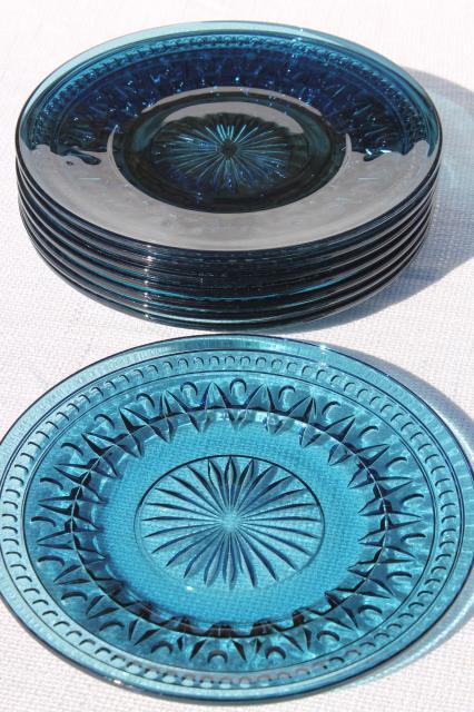 beautiful blue Park Lane pattern glass salad plates, vintage Colony glass