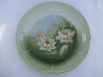 beautiful old handled china plate w/ painted water lilies, antique Germany porcelain