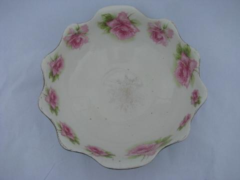 big antique porcelain bowl, green w/ pink roses, shabby old Empire china
