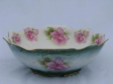 big antique porcelain bowl, green w/ pink roses, shabby old Empire china