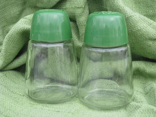 big glass jars w/ green shaker lids, vintage kitchen range set S&P