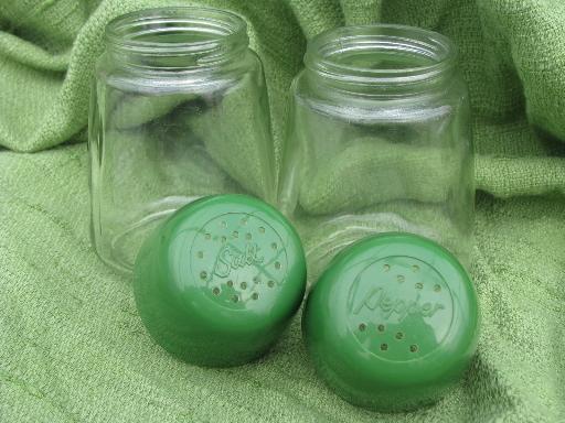 big glass jars w/ green shaker lids, vintage kitchen range set S&P