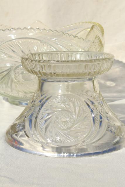 big glass punch bowl & stand, cups set - vintage whirling star pattern pressed glass