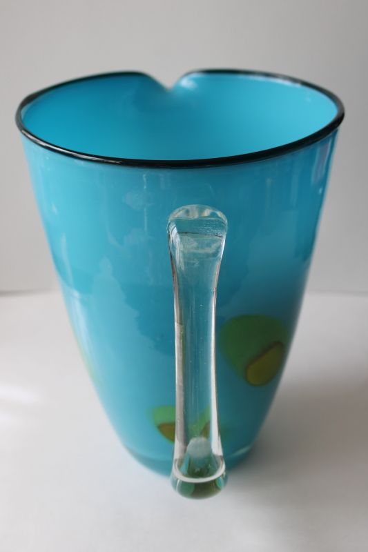 big hand blown glass pitcher for cocktails, martinis green olives turquoise blue glass