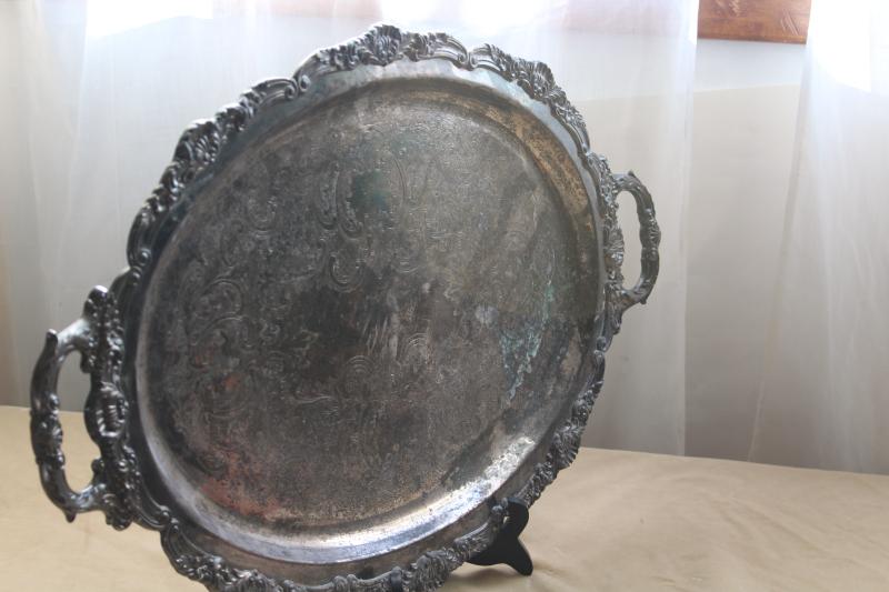 big heavy ornate vintage silver tray, antique salver silverplate on coppe