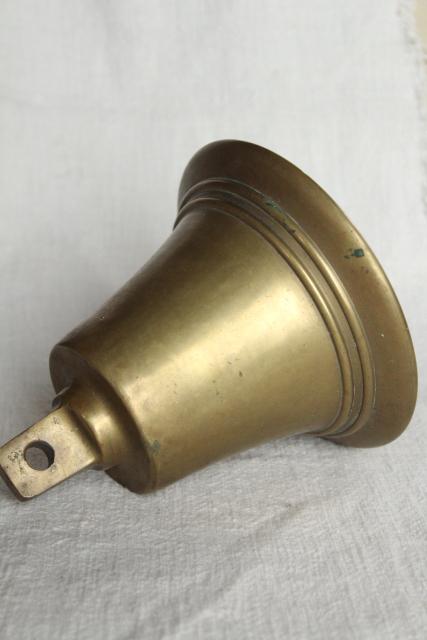 big heavy solid brass bell without clapper, vintage farm dinner bell or old ship's bell