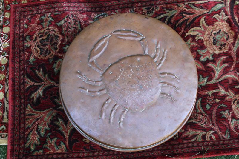 big heavy solid copper pan w/ Mediterranean crab, rustic vintage hand crafted metalware