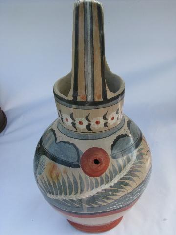 big old Mexican pottery pitcher, hand-painted Zuni doves, vintage Mexico