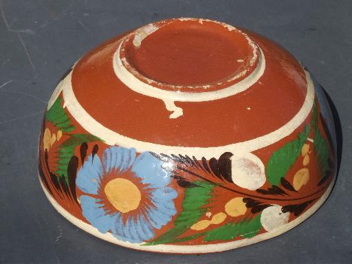 big old bowl, hand painted Mexican pottery, vintage Mexico folk art