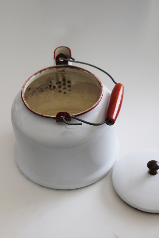 big old enamel ware tea kettle w/ wire bail wood handle, country farmhouse flower pot planter