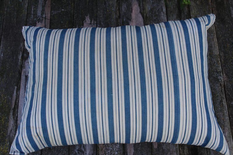 big old feather pillow, wide blue stripe vintage cotton ticking fabric