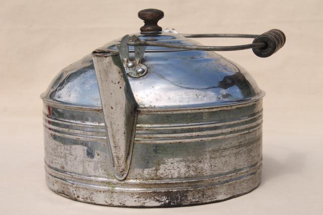 big old one gallon tea kettle, vintage Revere teakettle w/ primitive bail wood handle