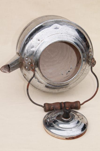 big old one gallon tea kettle, vintage Revere teakettle w/ primitive bail wood handle