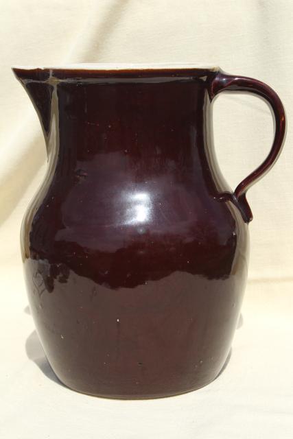 big old stoneware pitcher, rustic brown glazed pottery vintage half gallon jug