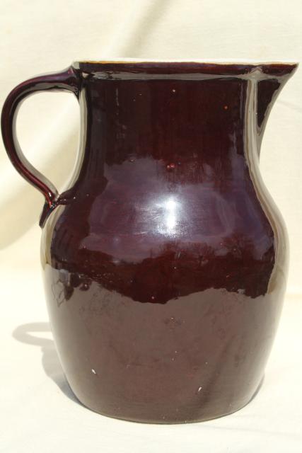big old stoneware pitcher, rustic brown glazed pottery vintage half gallon jug