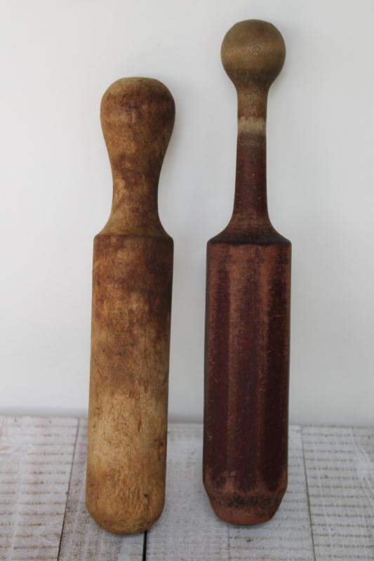big old wood pestles or mashers, primitive vintage wooden kitchen tool utensils