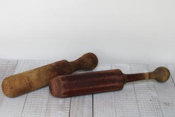 big old wood pestles or mashers, primitive vintage wooden kitchen tool utensils