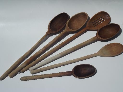 big old wooden soup stirring spoons, vintage wood kitchen spoon lot