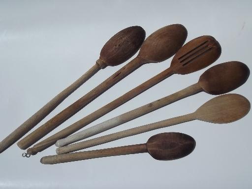 big old wooden soup stirring spoons, vintage wood kitchen spoon lot