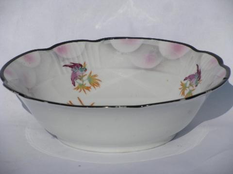 big porcelain bowl w/ painted parrot, antique German china, vintage Germany